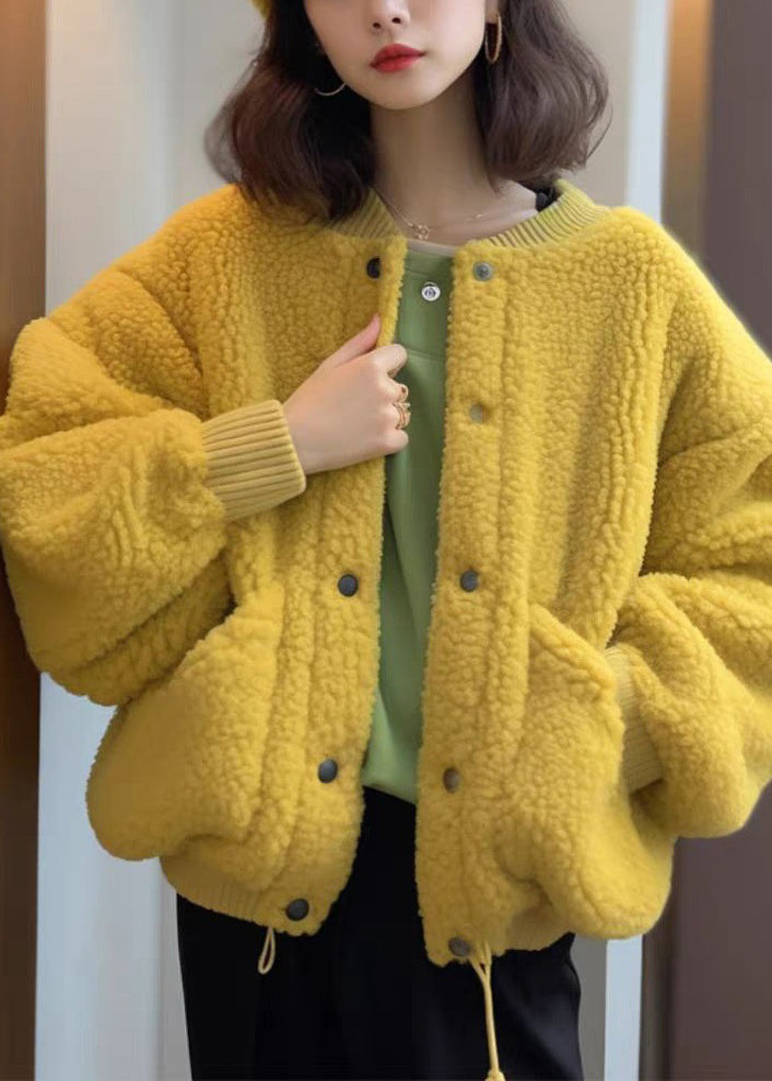 Yellow Button Pockets Teddy Faux Fur Coat Spring
