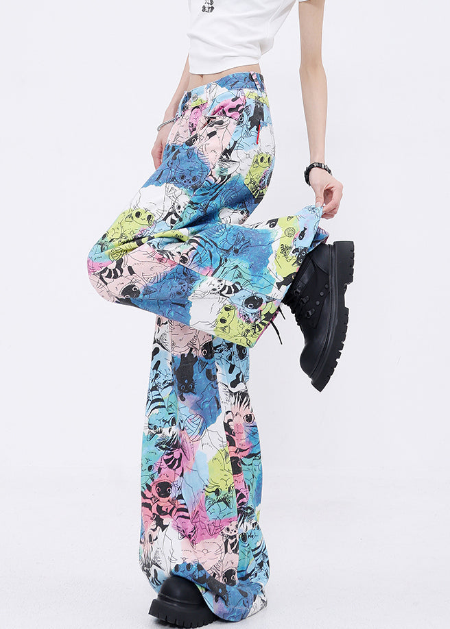 Pockets Cartoon Print Denim Wide Leg Pants Fall