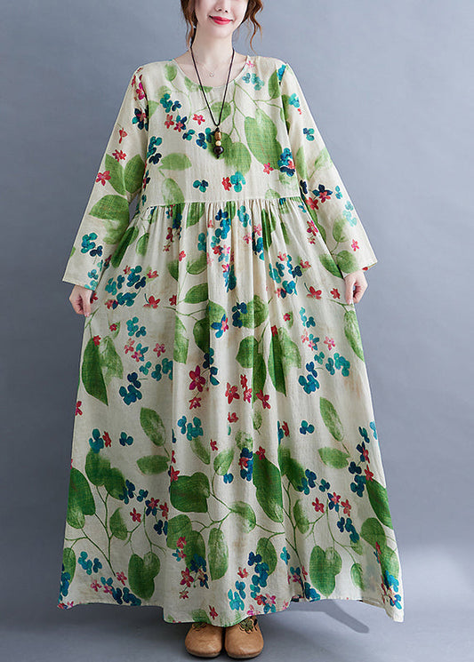 Green O-neck Cinched Print Long Dress Long Sleeve