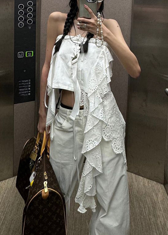White Asymmetrical Hollow Out Cotton Tank Sleeveless