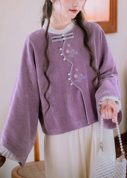 Purple Embroidered Button Cotton Coat Flare Sleeve
