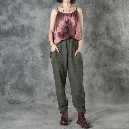 Army Green Pockets Patchwork Fall Straight Linen Pants