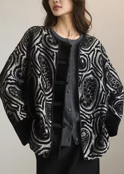 New Grey O Neck Print Button Cotton Coat Outwear Spring