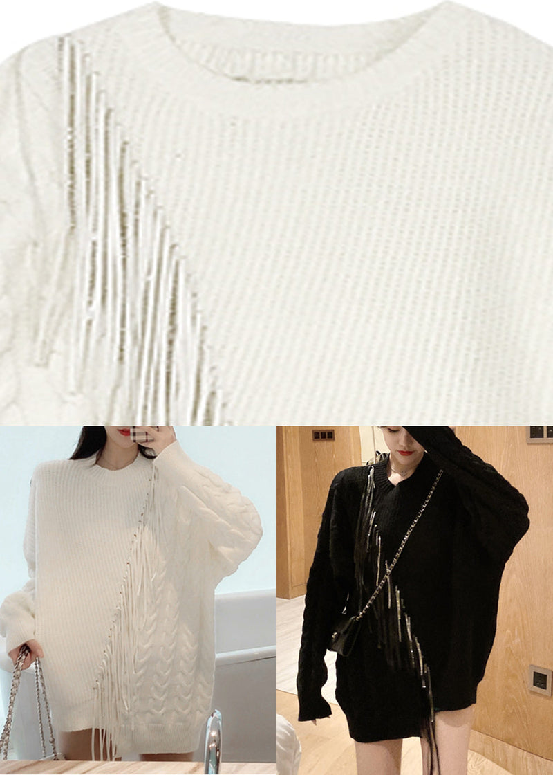 Black O-neck Zircon Tassel Cotton Knit Sweaters Tops Long Sleeve