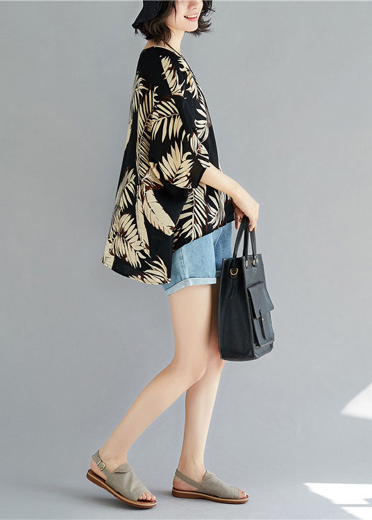 Boutique Black O-neck Print Asymmetrical Design Fall Half Sleeve Blouse Top
