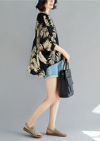 Boutique Black O-neck Print Asymmetrical Design Fall Half Sleeve Blouse Top
