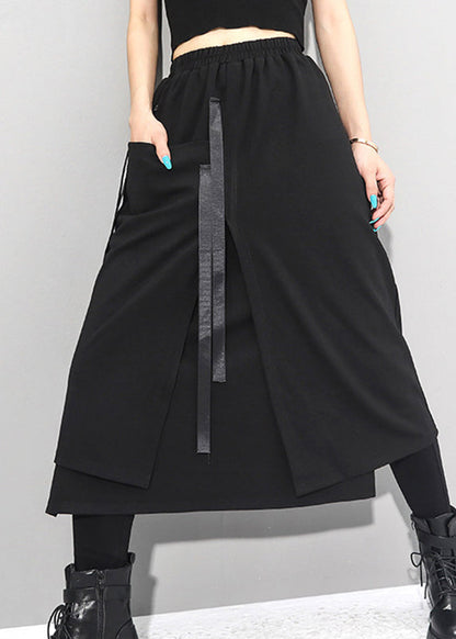 Black Asymmetrical Patchwork Pockets Elastic Waist Skirts Fall