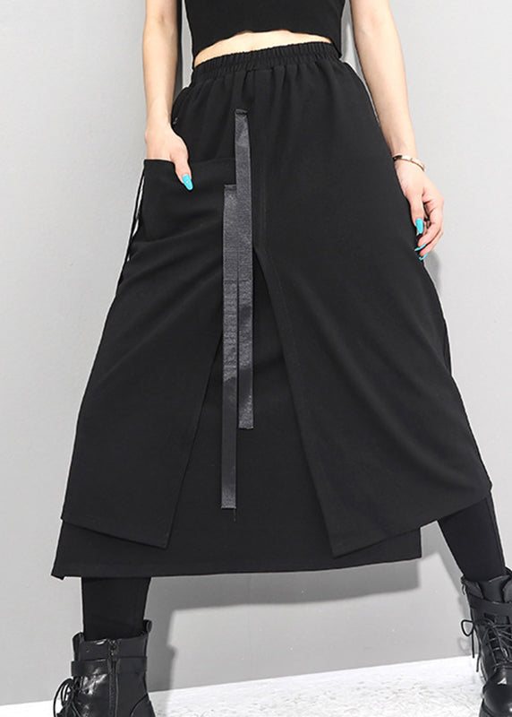Black Asymmetrical Patchwork Pockets Elastic Waist Skirts Fall