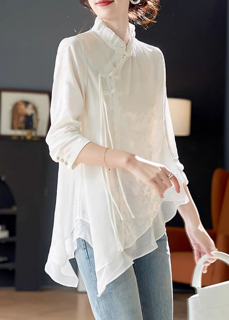 White Ruffled Chinese Button Chiffon Shirt Long Sleeve