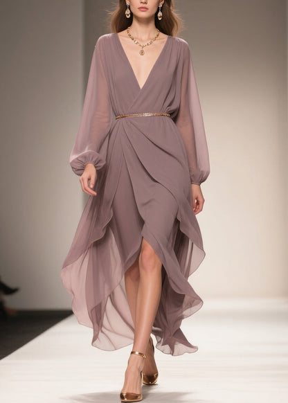 Soft Misty Lavender Gray Low High Design Chiffon Dress V Neck Summer