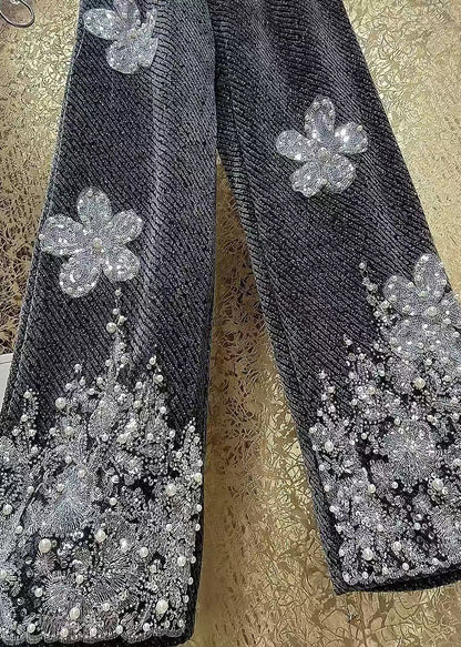 Sequin Flower Bead Embroidery Woolen Straight Leg Pants Winter