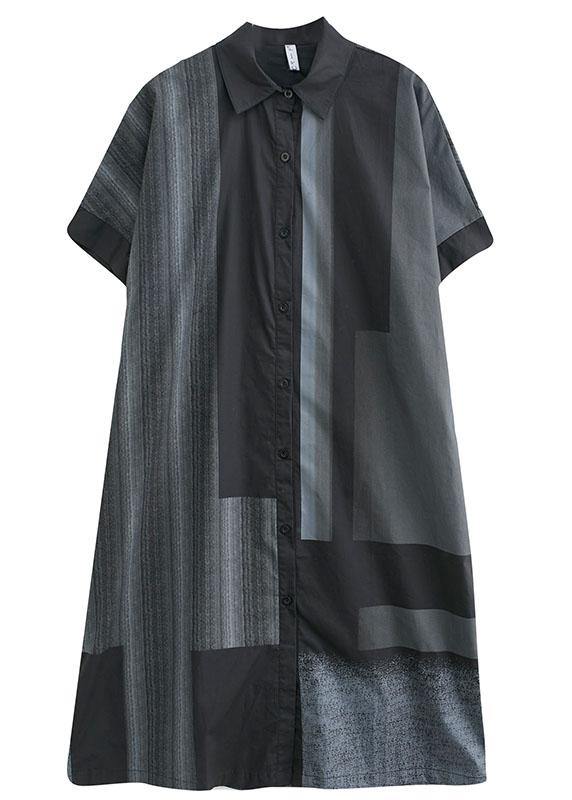French Grey Black Peter Pan Collar Button Summer Half Sleeve Vacation Dress