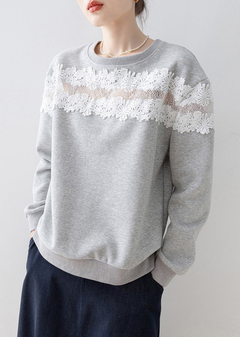Grey O Neck Lace Patchwork Cotton Sweatshirt Spring