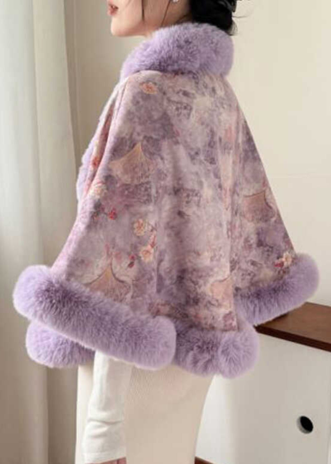 New Purple Fur Collar Print Warm Fleece Cape Coats Winter