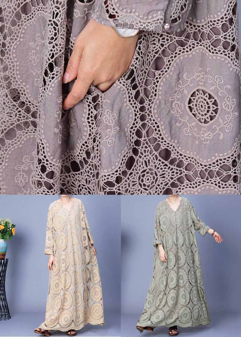 Apricot Hollow Out Lace Patchwork Cotton Long Dress Spring