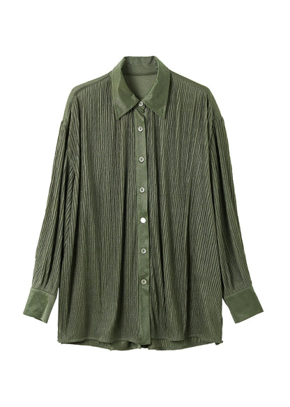 Loose Green Peter Pan Collar Button Chiffon Blouse Tops Spring