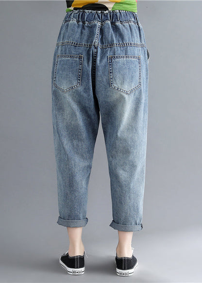Blue Elastic Waist Patchwork Applique Denim Pants Spring