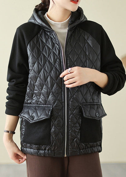 Black Zip Up Pockets Fine Cotton Filled Hooded Coat Winter