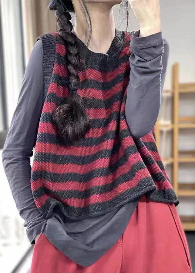 Unique Red O-neck Striped Knit Vest Spring