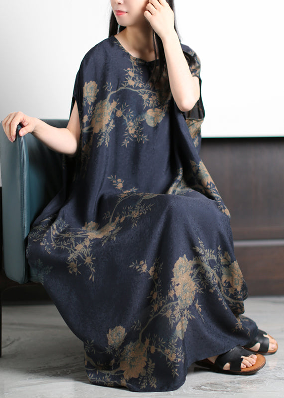 Dark Blue O-neck Print Silk Holiday Dress Short Sleeve