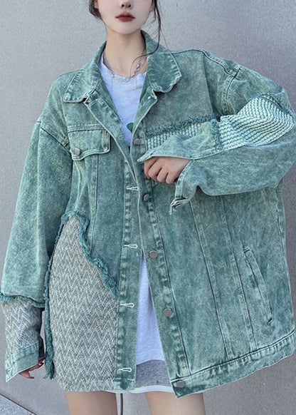 Green Peter Pan Collar Patchwork Denim Jacket Fall