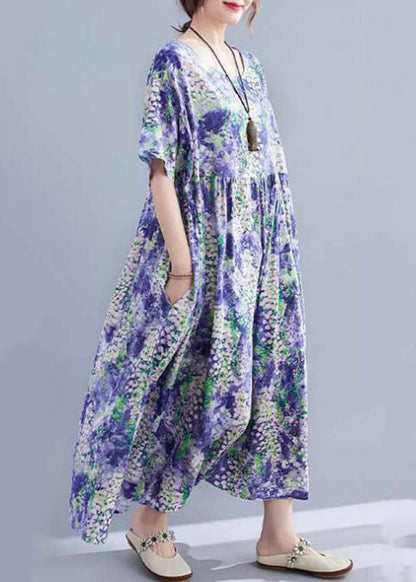 Purple O-neck Print Patchwork Long Dress Short Sleeve