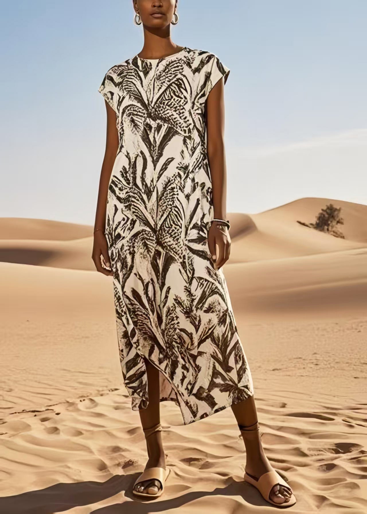 Art Brown Print Cotton Long Dress Summer