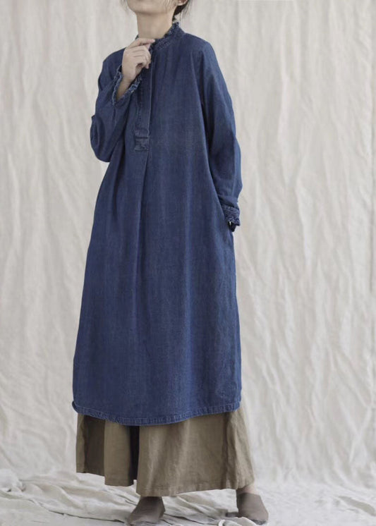 Style Blue Ruffled Pockets Denim Ankle Dress Spring