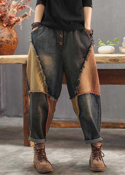 Colorblock Patchwork Elastic Waist Button Jeans