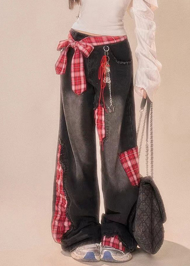 Black Bow Plaid Patchwork Denim Wide Leg Pants Fall