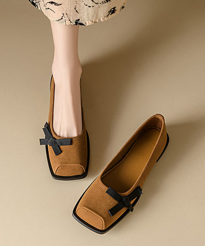 Apricot Suede Flat Shoes Splicing Bow