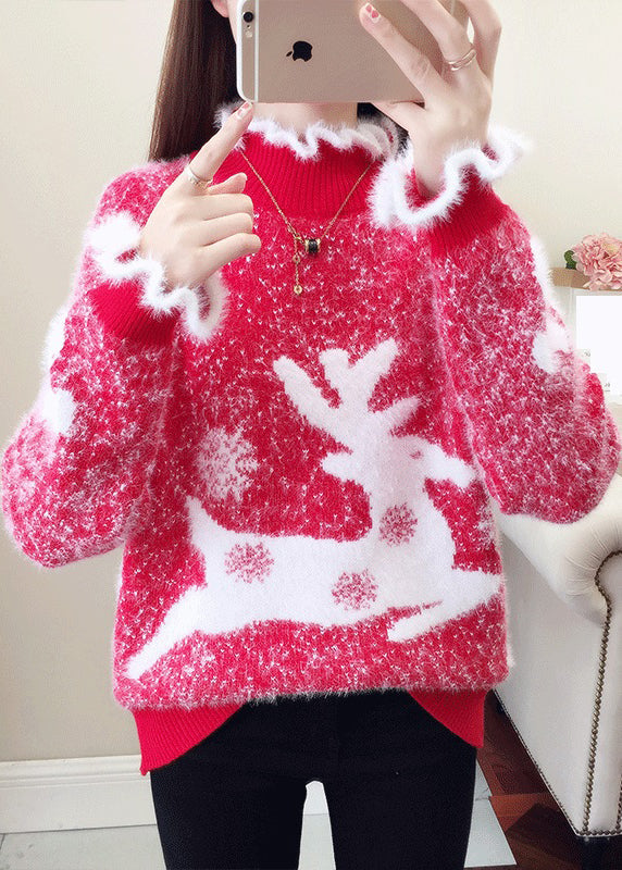Red Ruffled Print Thick Mink Hair Knitted Sweaters Fall