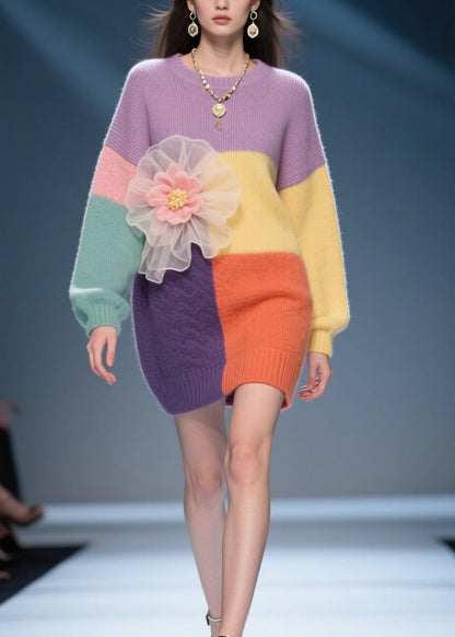 Stylish Colorblock O Neck Knit Sweater Dress Fall