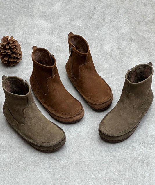 Chocolate Cowhide Leather Boots Zippered Ankle Boots