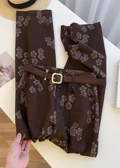 Coffee Print Pockets High Waist Denim Straight Pants Fall