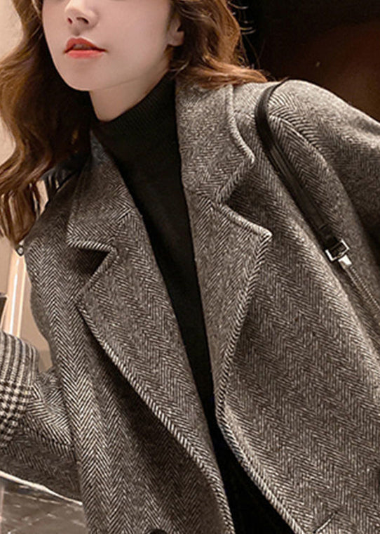 Khaki Notched Pockets Woolen Coat Winter