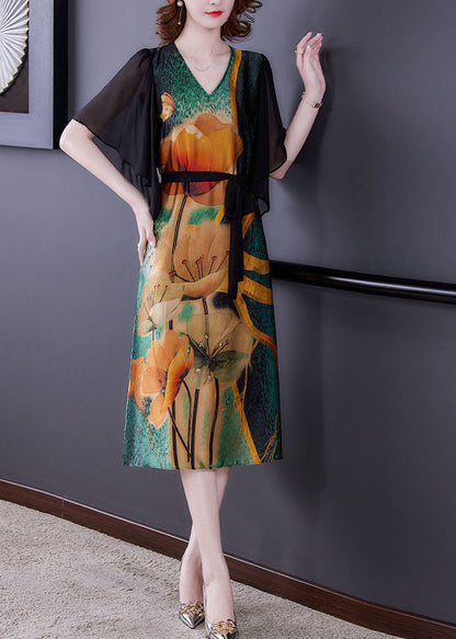 Colorblock V Neck Patchwork Print Silk Dresses Summer