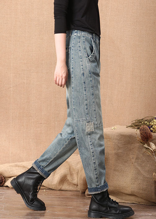 Blue High Waist Button Pockets Patchwork Cotton Denim Pants Summer