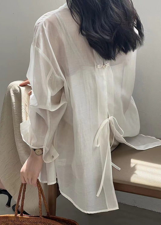 New White Lace Up Button Silk Shirt Long Sleeve Fall