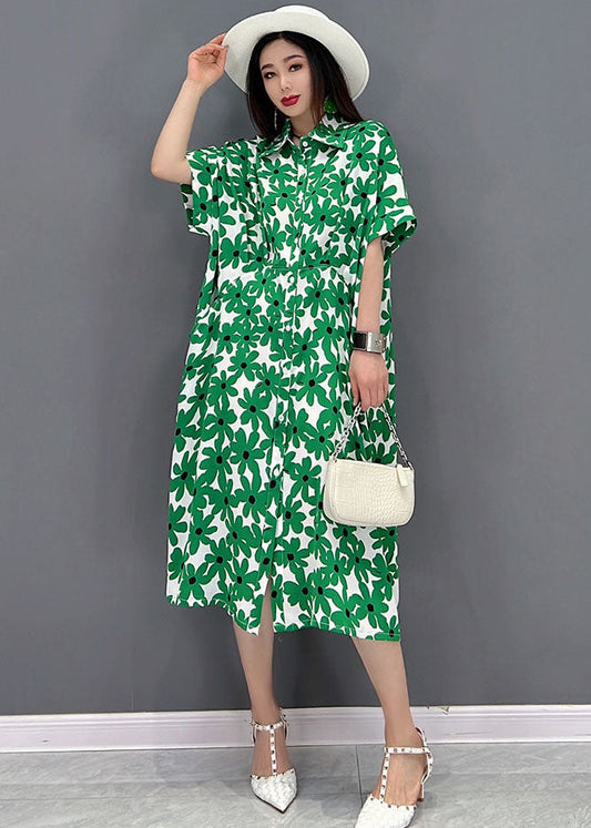 Green Peter Pan Collar Print Shirt Dress Short Sleeve
