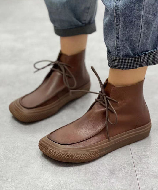 Chocolate Cowhide Leather Boots Lace Up Ankle Boots