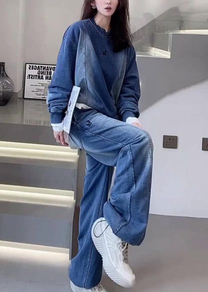 Blue O Neck Tops and Pants Denim Two Piece Set Outfits Fall
