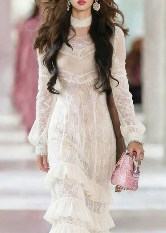 Dinner White Neck Ruffled Patchwork Maxi Dresses Lantern Sleeve
