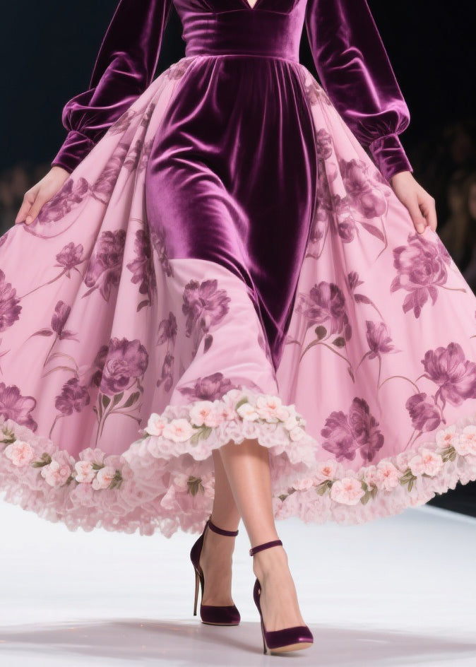 Colorblock Print Lace Silk Velvet Long Dresses Spring