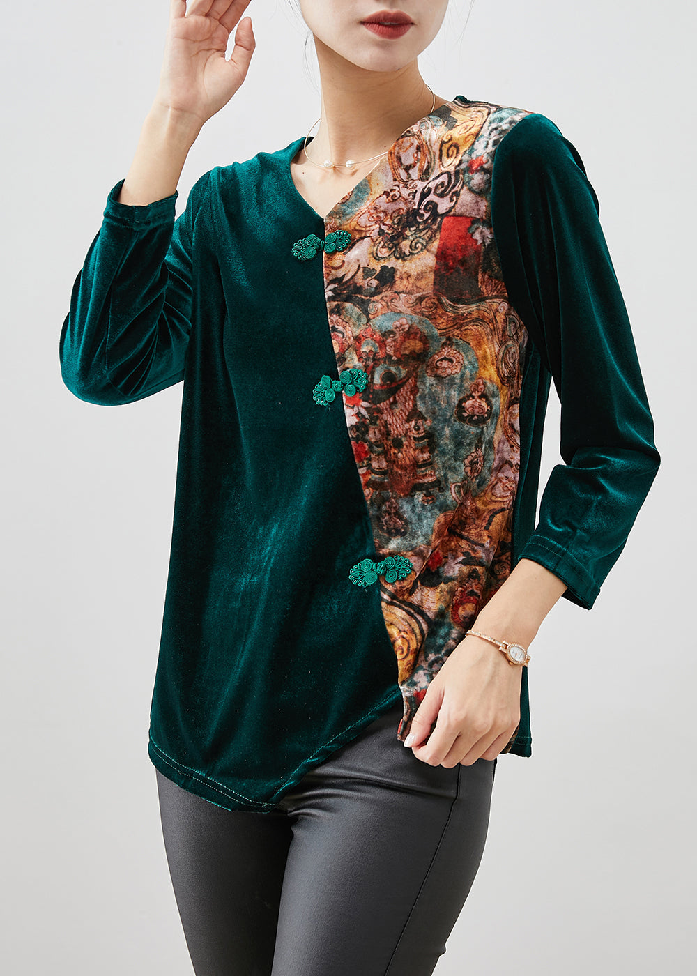 Peacock Green Asymmetrical Patchwork Silk Velour Shirt Tops Winter