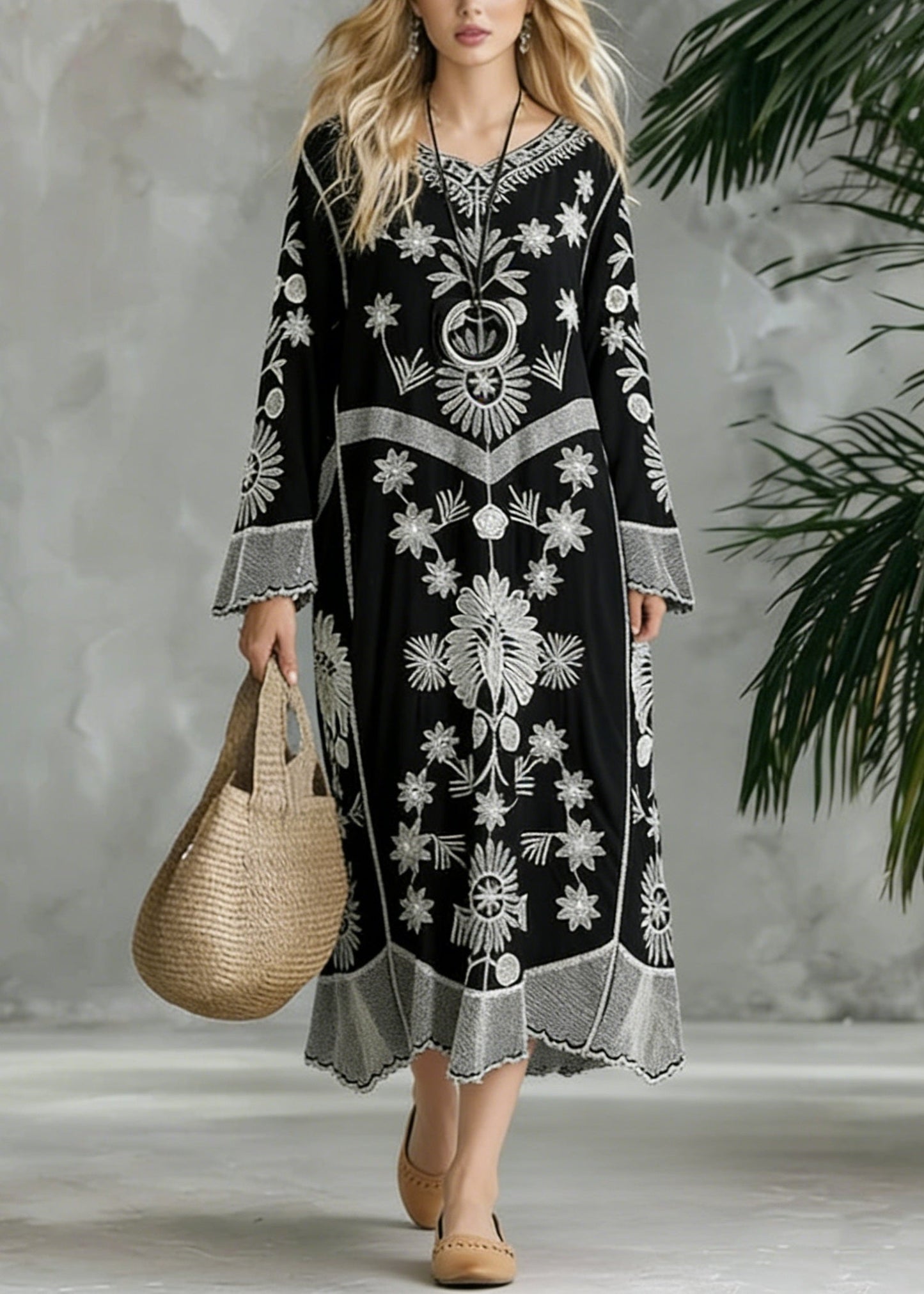 French Black Print V Neck Baggy Chiffon Robes Spring Dresses