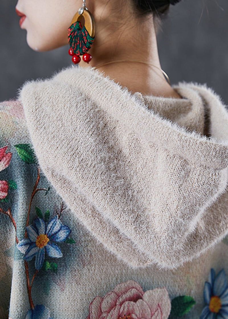 Diy Khaki Hooded Mink Velour Knitted Mid Dress Winter