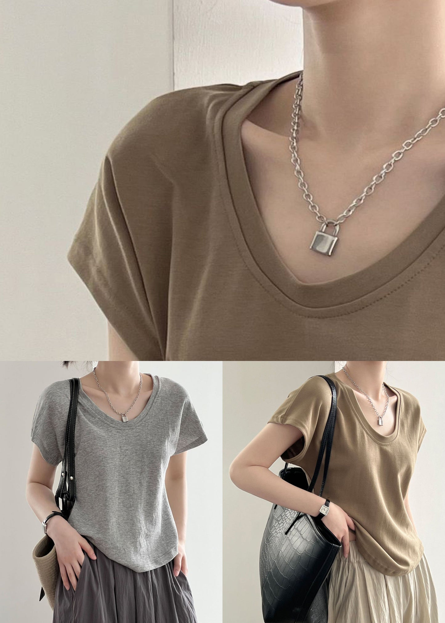 Simple Coffee O Neck Cotton T Shirt Summer
