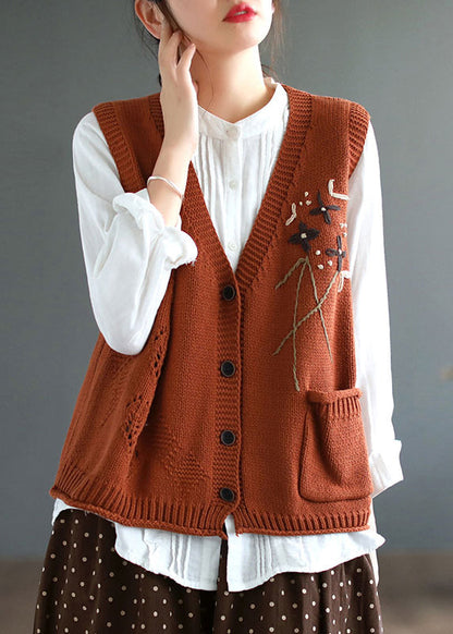 Yellow V Neck Button Patchwork Cotton Knit Waistcoat Sleeveless
