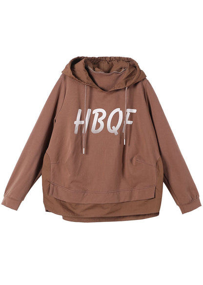 Brown Hooded Drawstring Graphic Fall Patchwork Sweatshirts Top